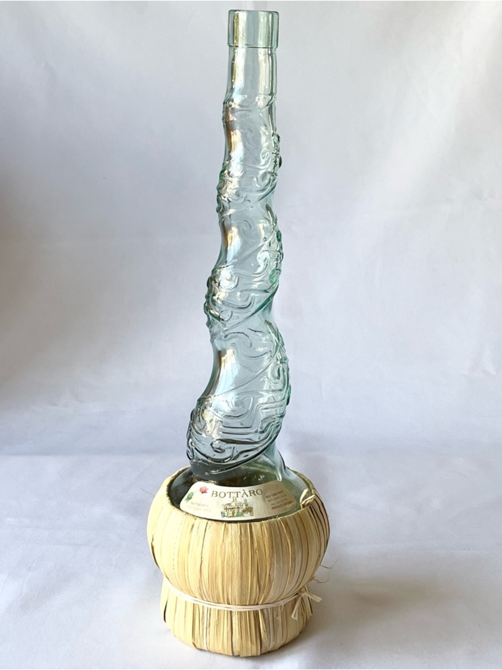Vintage Empty Bottaro Clear Spiral Glass Wine Bottle Raffia Wrapped Italy (2)